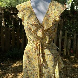 Max Studio Patterned Ruffle Wrap Midi Dress M  Yellow patterned